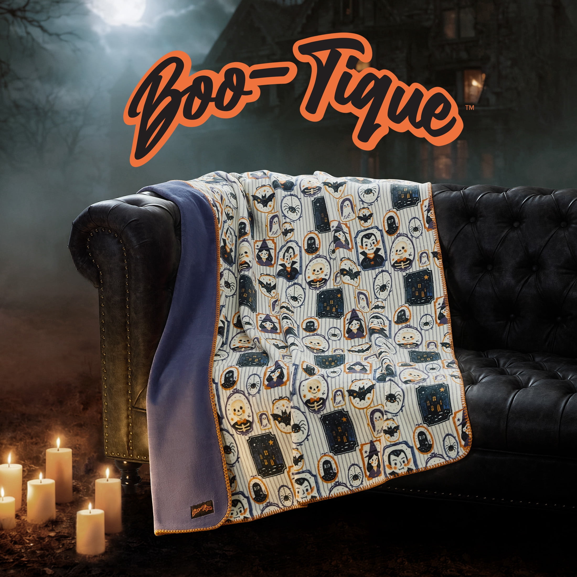 Boo-tique Halloween Soft Fleece Oversized Couch Throw Blanket, Spooky Portraits, Grey, 50 x 72 in