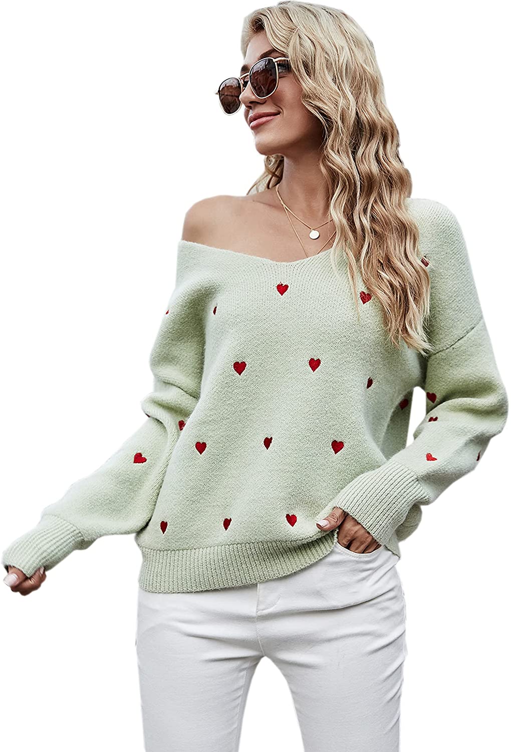 Women Valentine Heart Sweater V Neck 