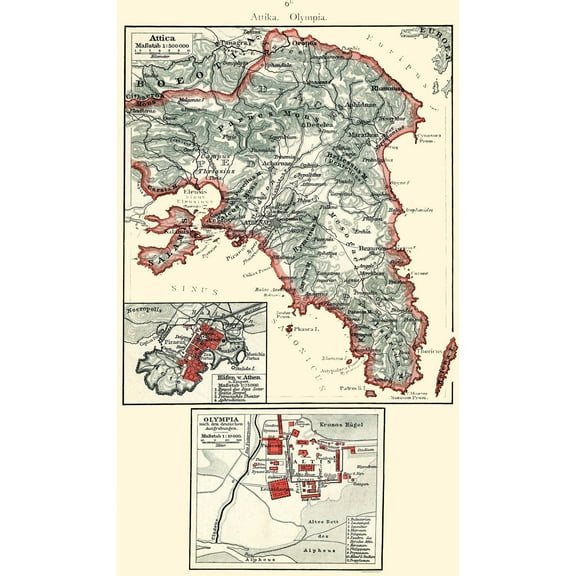 Historic Map - Attica Olympia Greece - Putzgers 1897 - Vintage Wall Art