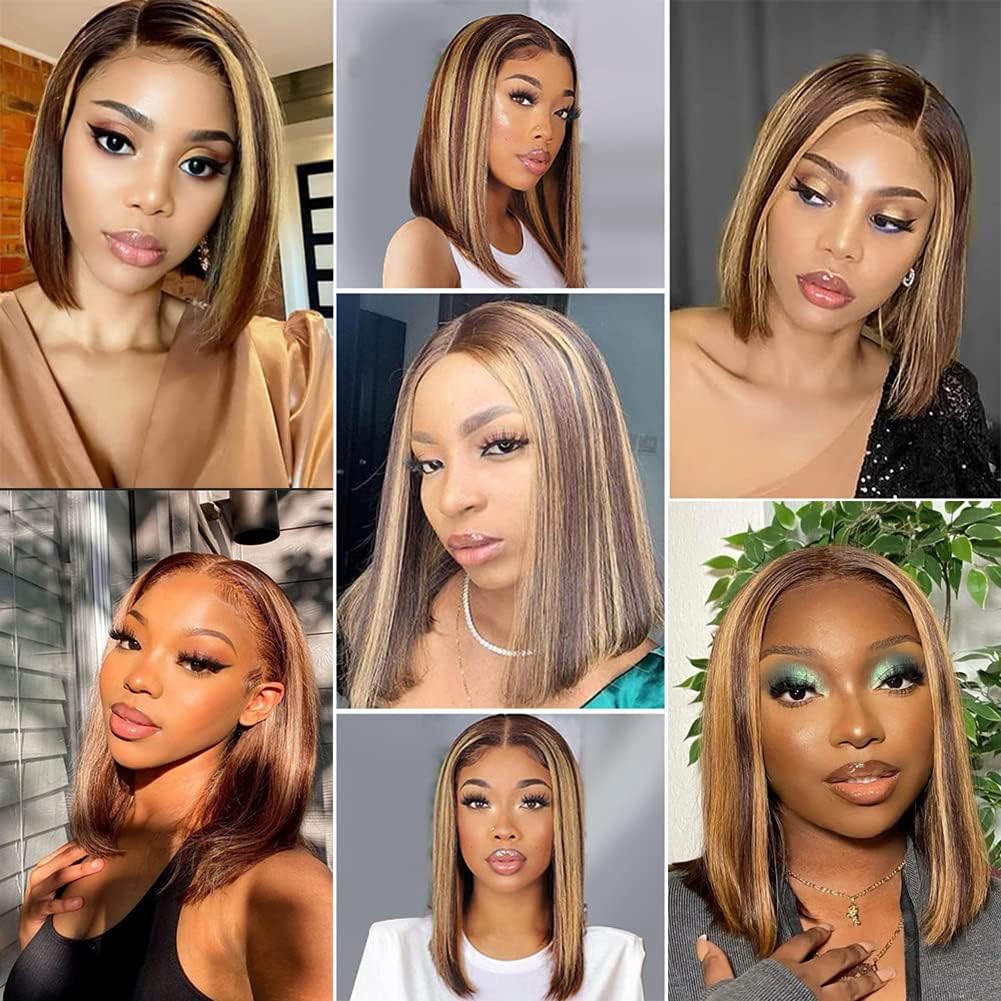 Highlight Ombre, 13x4 Lace Front, Glueless Short Bob Human Hair Wig, P4/27 Honey Blonde 8inch