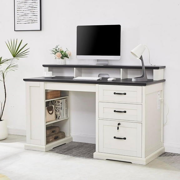 55" Farmhouse Executive Desk with Charging Station,Home Office Desk with 2 Drawers,Lockable File Cabinet and Side Bookshelf,Farmhouse Computer Desk with Monitor Stand