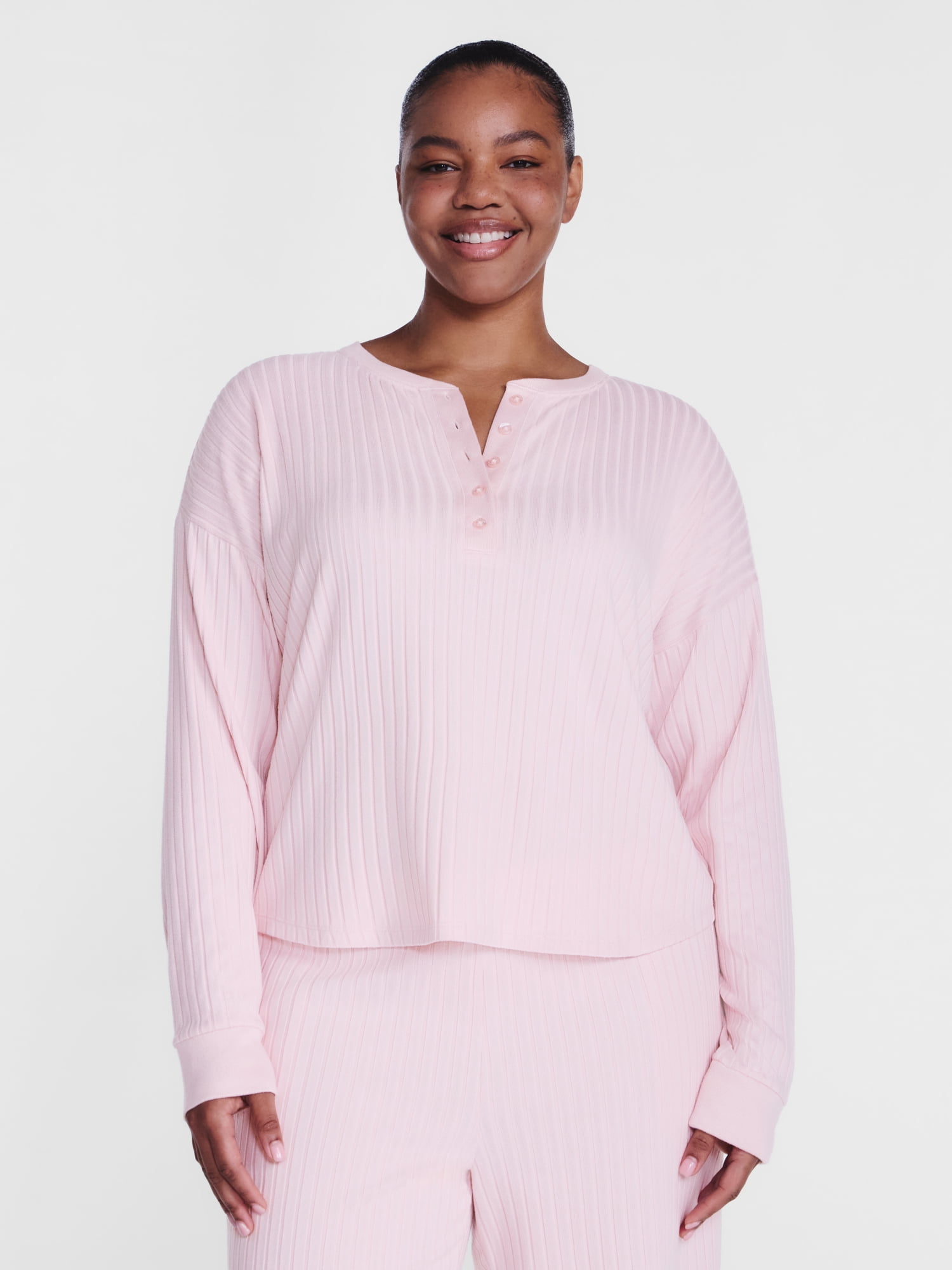 Joyspun Women's Cozy Lounge Collection Hacci Long Sleeve Henley Sleep Top, Sizes XS to 3X