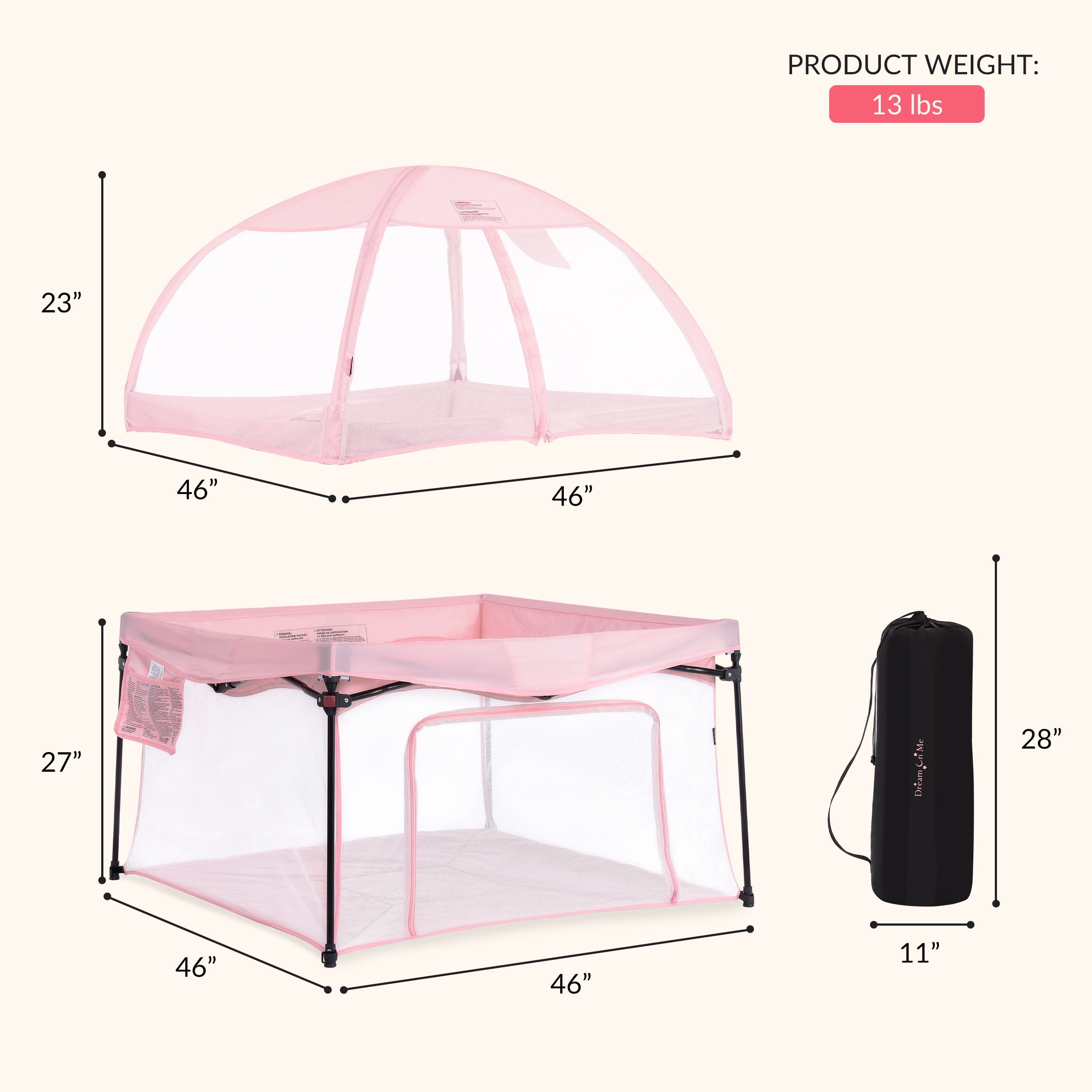 Dream On Me Ziggy Square Playpen with Canopy, Pink