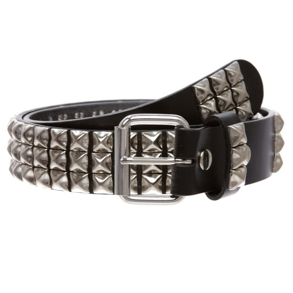 1 1/2" Snap On Three Row Punk Rock Star Metal Silver Studded Cowhide Leather Belt