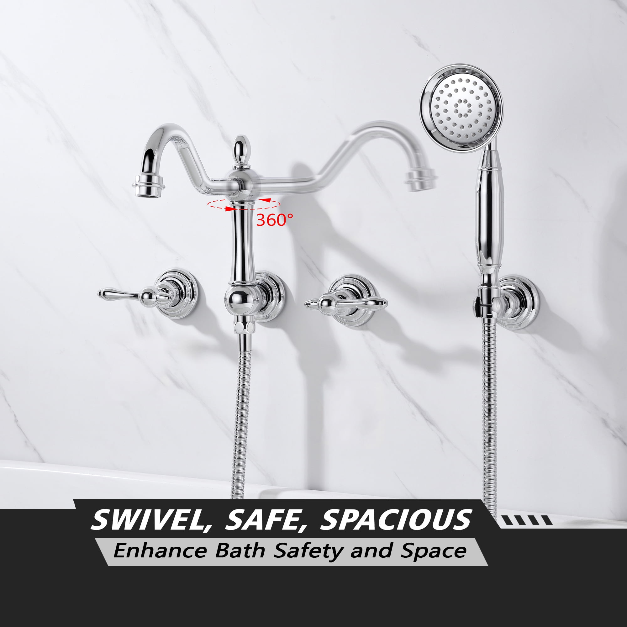SUMERAIN Vintage Wall Mounted Bathtub Faucet with Hand Shower, High Flow Tub Filler with Rough-in Valve, Chrome