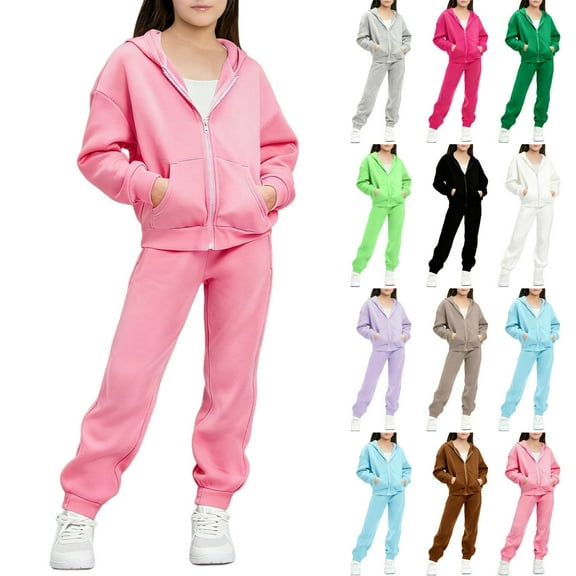 Girls 2 Piece Tracksuit Sets Fleece Sweatsuits Full Zip Up Sweatshirt Jacket and Sweatpants Joggers Fall Outfits with Pockets