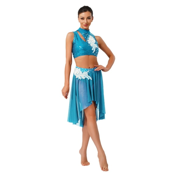 iiniim Women Lyrical Dance Costumes Sequin Crop Top + Mesh Tulle Leotard Skirt Two Piece Modern Dance Outfit Light Blue XL