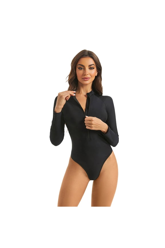 Women's One Piece Swimsuit Long Sleeve Solid Color Zipper Front Zip High Cut Bathing Suit Tight Fitting With Removable Pads For Beach Surfing Vacation
