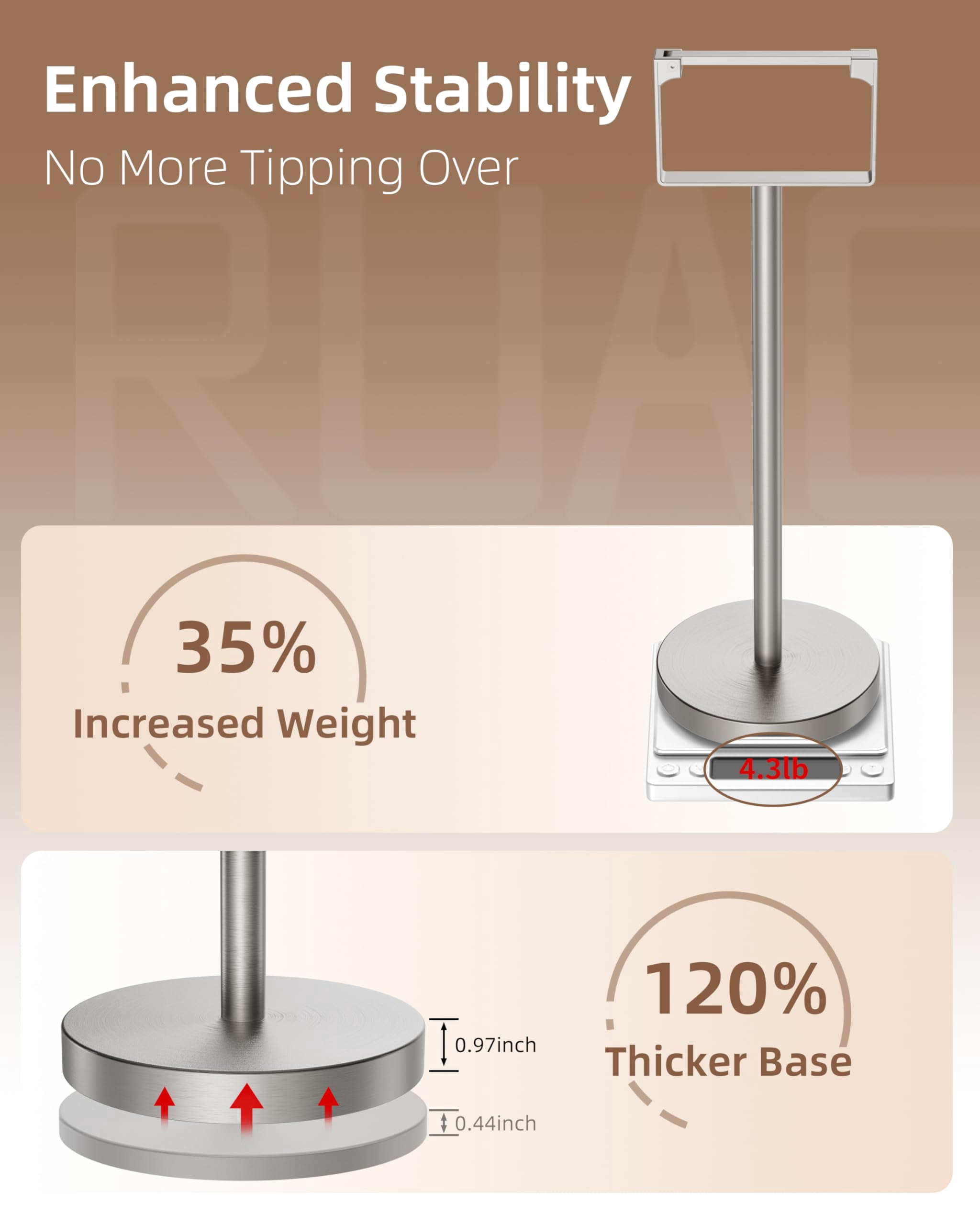 RUACQ Toilet Paper Holder Stand, Magnetic Closure Toilet Paper Stand with Lift-Up Rotating Arm, SUS304 Stainless Steel Bathroom Toilet Paper Holder Free Standing, Weighted Base (Brushed Nickel)