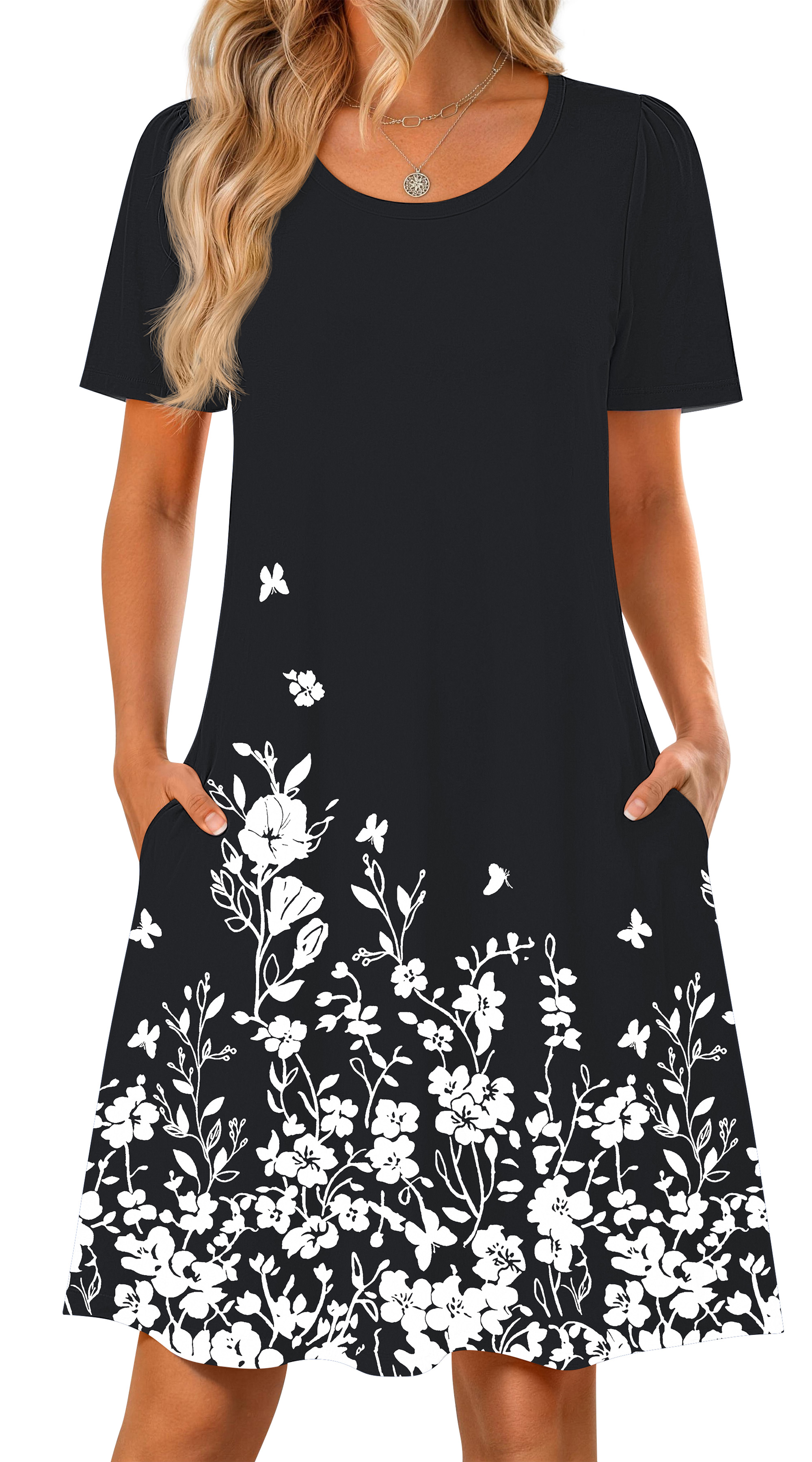 Fantaslook Boho Summer Dresses for Women Casual Short Sleeve T Shirt Dress with Pockets Beach Vacation Clothes