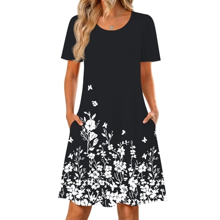 Fantaslook Boho Summer Dresses for Women Casual Short Sleeve T Shirt Dress with Pockets Beach Vacation Clothes