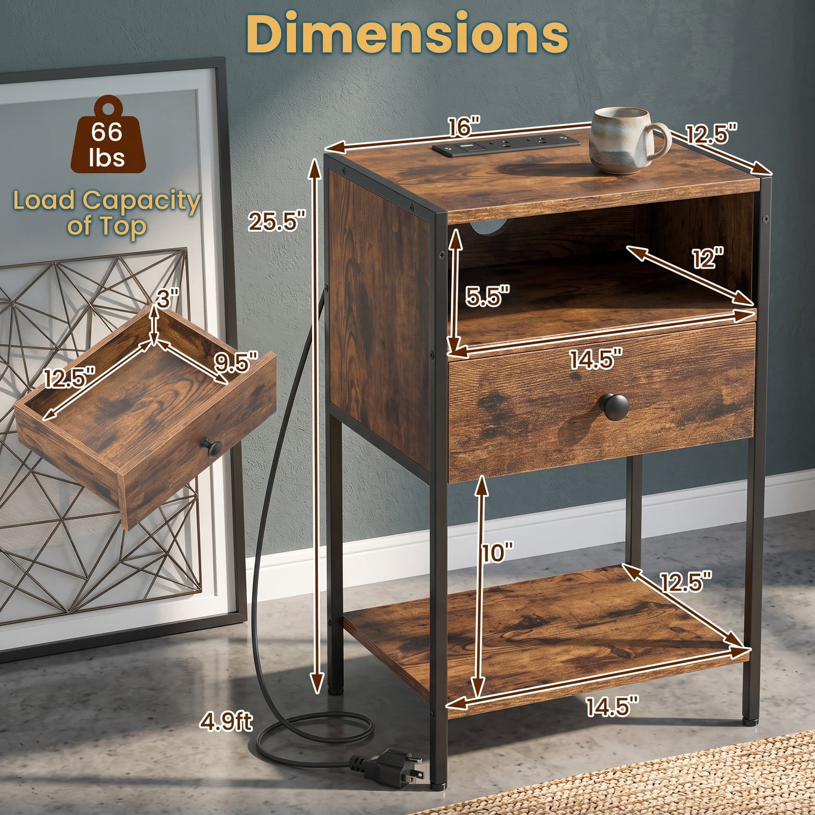 Furnibear Nightstand with Charging Station and USB Type-C Ports plus Drawer and Open Shelf for Bedroom and Living Room, Rustic Brown