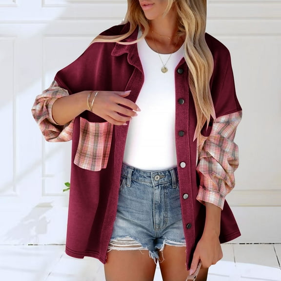 Usmixi Winter Womens Shacket Coat Womens Shirts Jacket Classic Plaid Patchwork Button Down Lapel Coats Fall Long Sleeve Loose Comfy Flannel Outwear with Pocket 2023 Shacket Coat Flash Deals