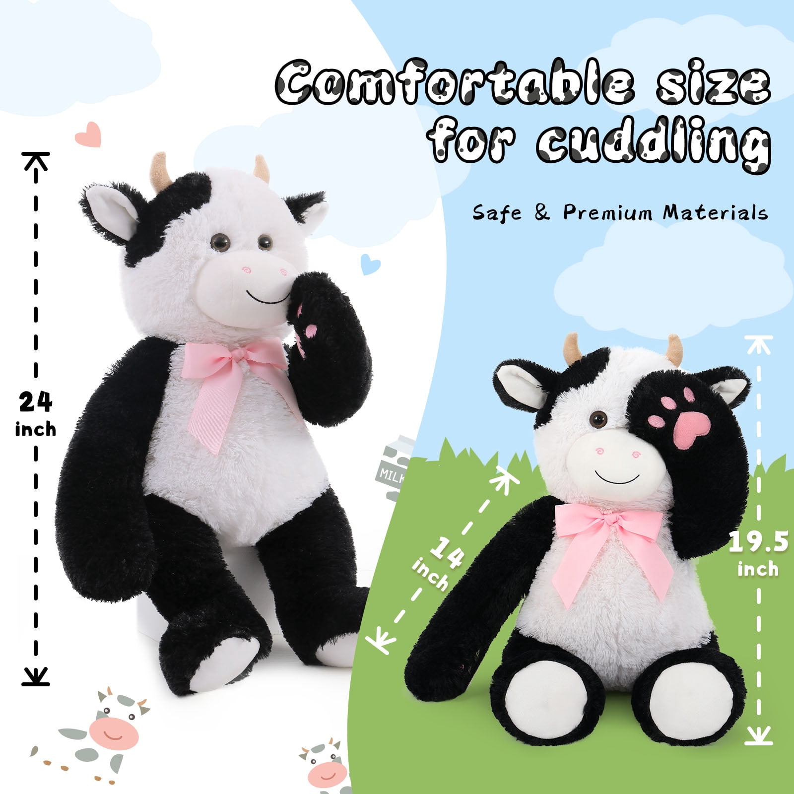 MaoGoLan 24'' Cute Dairy Cow Stuffed Animal Stuffed Dairy Cow With Bow Tie Dairy Cow Plush Toy