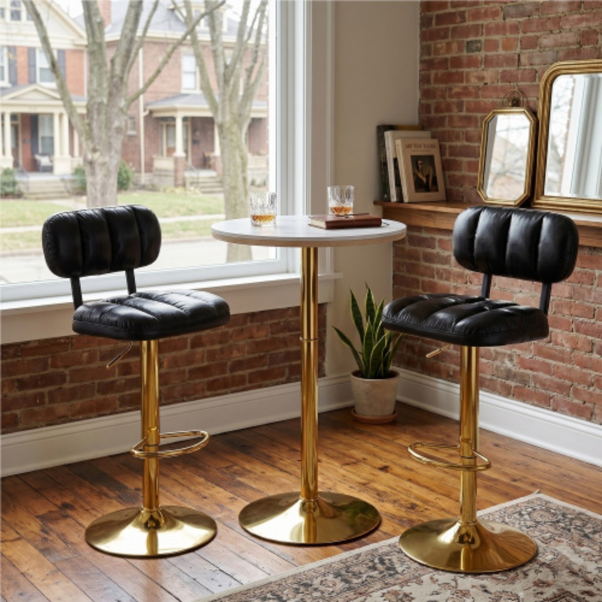 Set of 2 Modern Adjustable Bar Stools, PU Leather Counter Height Chairs with Metal Base & Footrest for Kitchen Island & Home Bar, Black & Gold