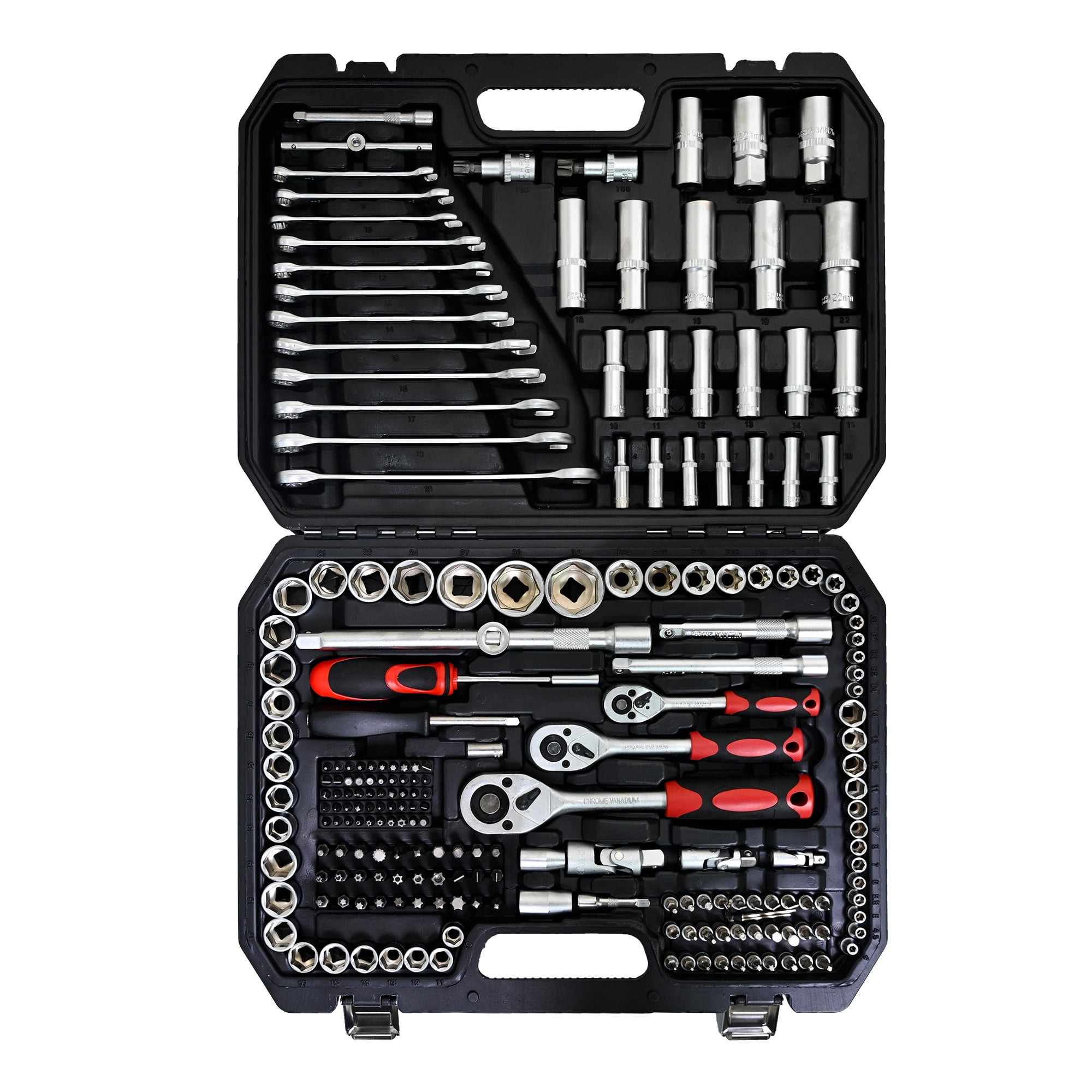 Aukfa 216-Piece Mechanics Tool Set, Socket and Ratchet Wrench, Chrome Finish