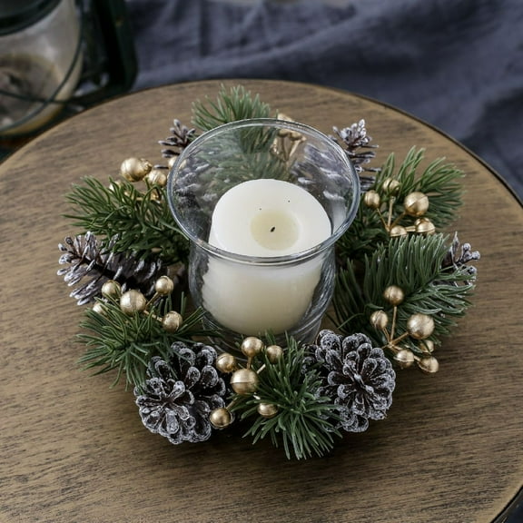 Harlier Christmas Artificial Pine Candle Rings Wreaths, Gold Berry and Greenery Pinecone Garland Candle Ring, Xmas Candle Rings for Pillar Candle Holiday Mantle Table Decor