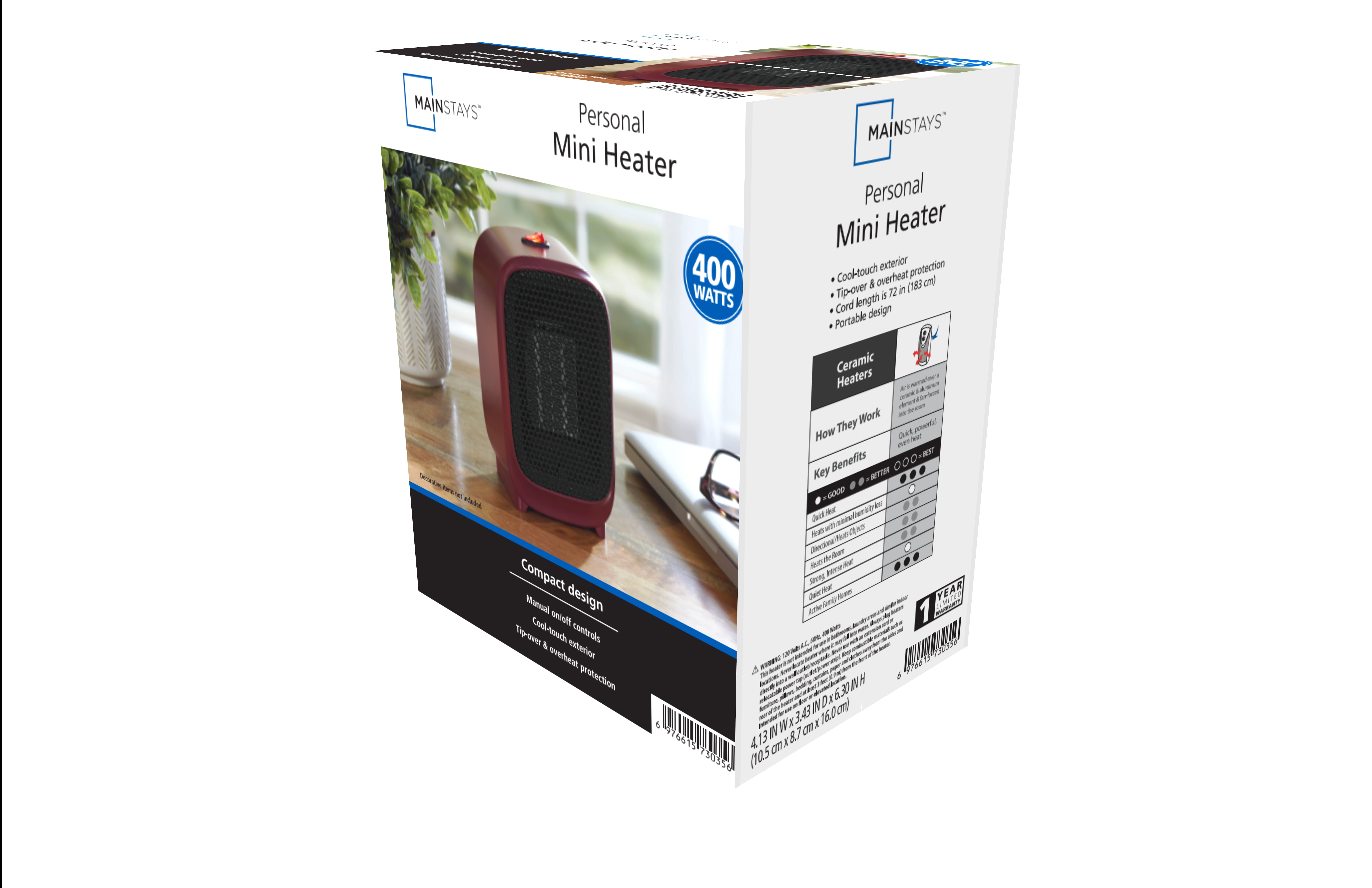 Mainstays Personal Electric Space Heater 400W for Indoor, Portable Electric Heater for Home, PTC Ceramic for Fast Safe Energy Efficiency, Red