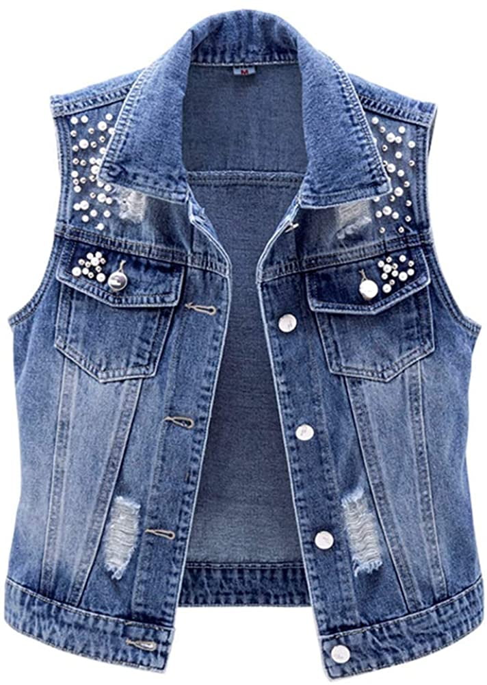 Womens Beading Pearls Sleeveless Denim 