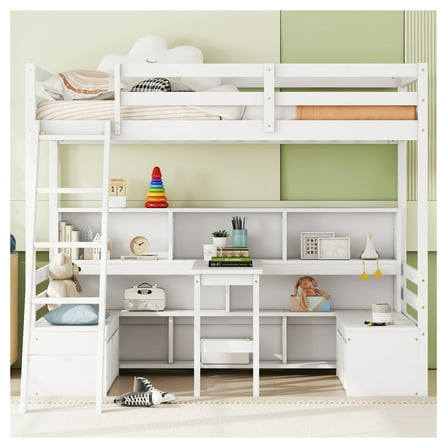 Twin Loft Bed with Storage Shelves, Drawers, Seat & Desk, Gray