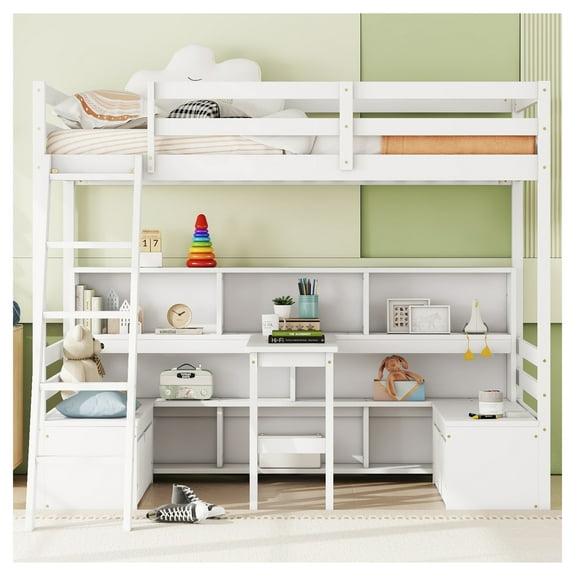 Twin Loft Bed with Storage Shelves, Drawers, Seat & Desk, Gray