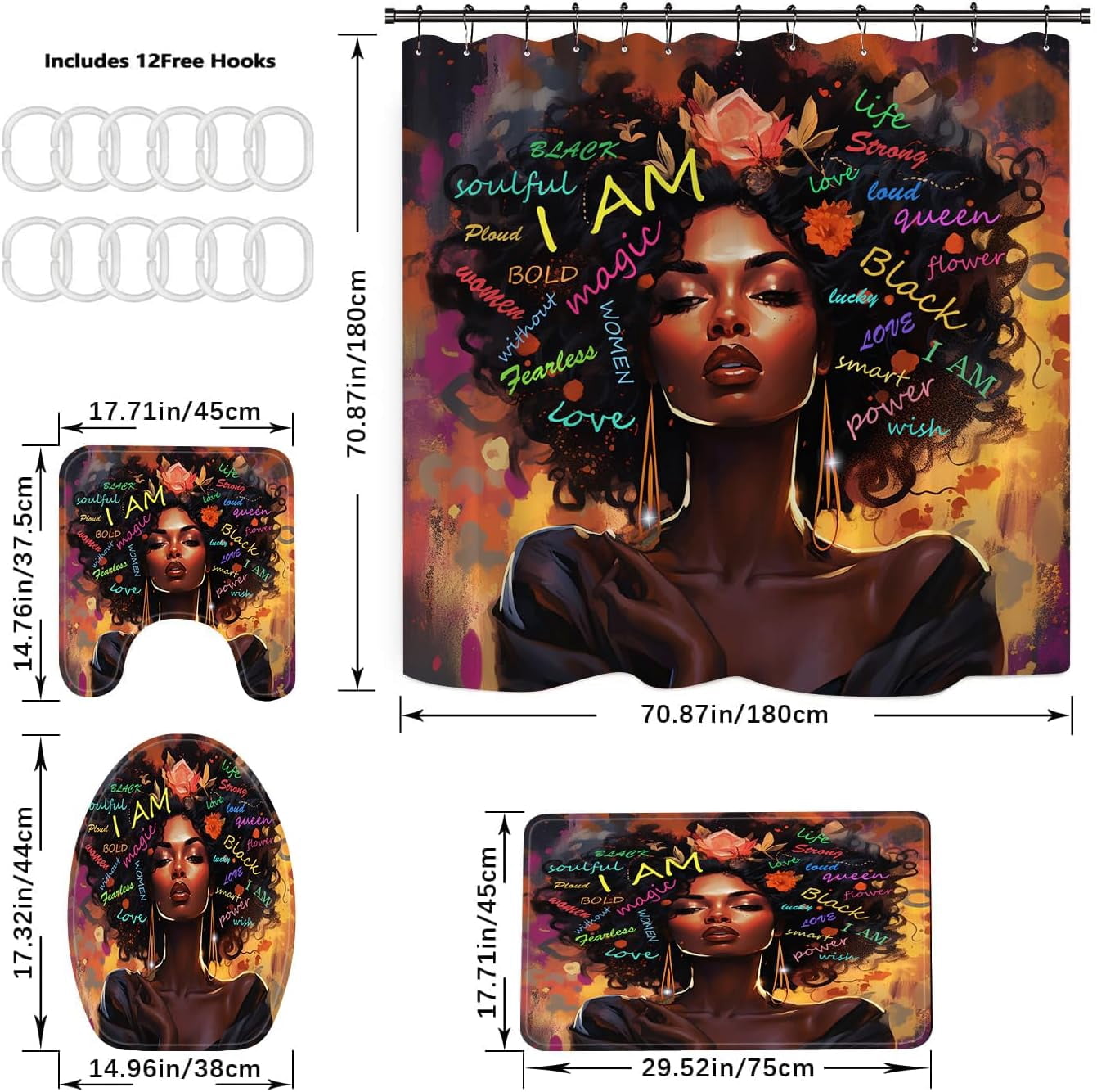 4PCS African King and Queen Shower Curtain Sets with Rugs African American Couple Bathroom Sets with Waterproof Bath Curtains I Choose You Shower Curtains with 12 Hooks Bath Mat 71x71inch