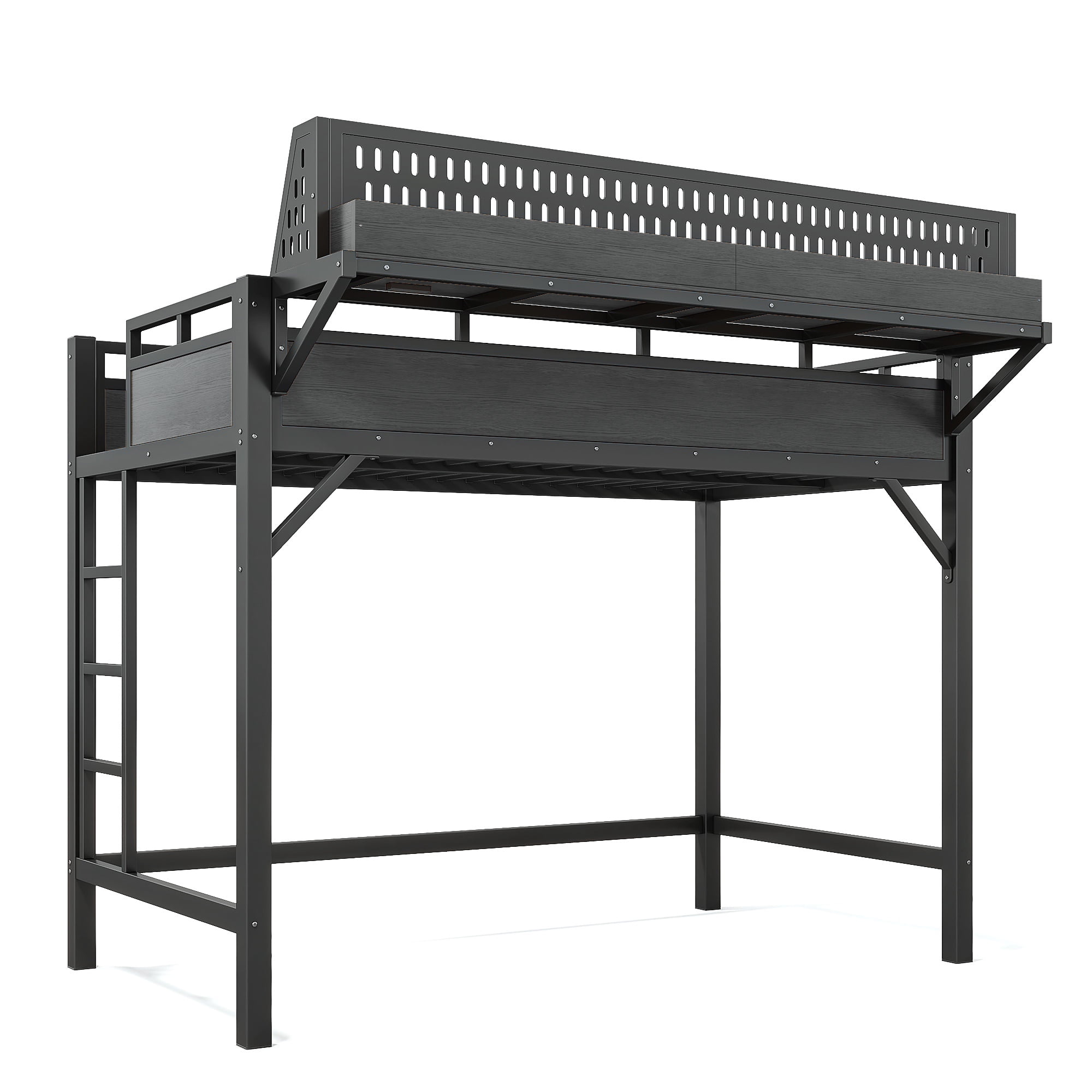 Leumius Twin XL Size Loft Bed with Storage Shelves and Pegboard,Metal Loft Bed Frame with USB Ports and LED Lights,Black