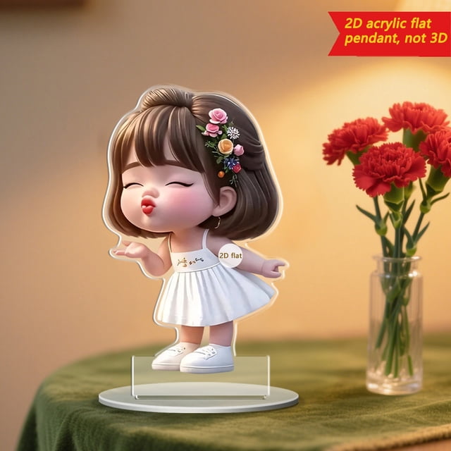 Adornos decorativos, regalos, decoraciones de festivales Lindo adorno de niña haciendo pucheros y besándose Adorno de escritorio de acrílico 2D para el hogar Artesanía decorativa