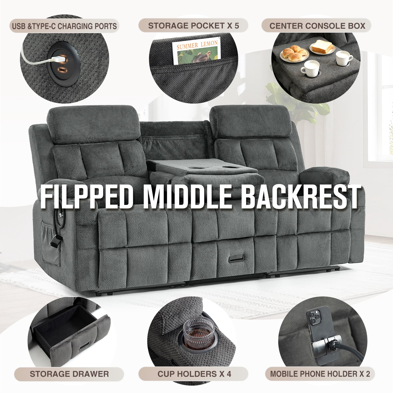3-Seat Reclining Sofa with Flip Middle Backrest, Manual Loveseat Recliner with Storage Drawer, USB & Type-C Ports, Cup Holders & Phone Holders, Gray