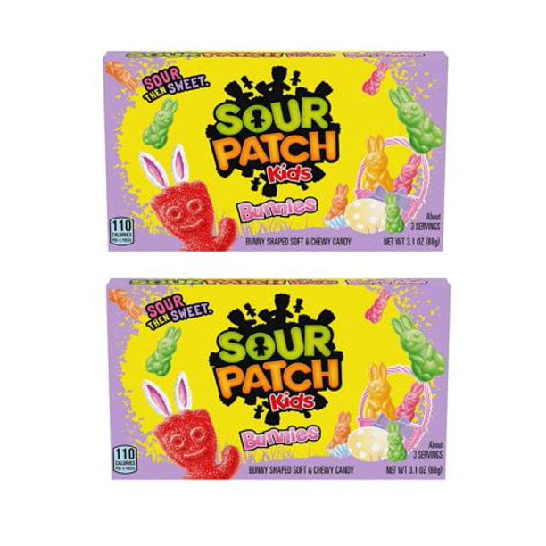 SOUR PATCH KIDS Easter Bunnies for Baskets and Easter Egg Hunts Sour then Sweet Chewy Candy – 3.1 oz Movie Theatre Box (2 Boxes)