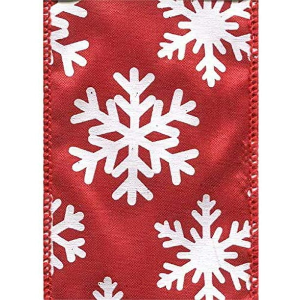 White Snowflakes Wired Christmas Ribbon - 2 1/2&quot; x 10 Yards, White Snowflakes on Red Ribbon