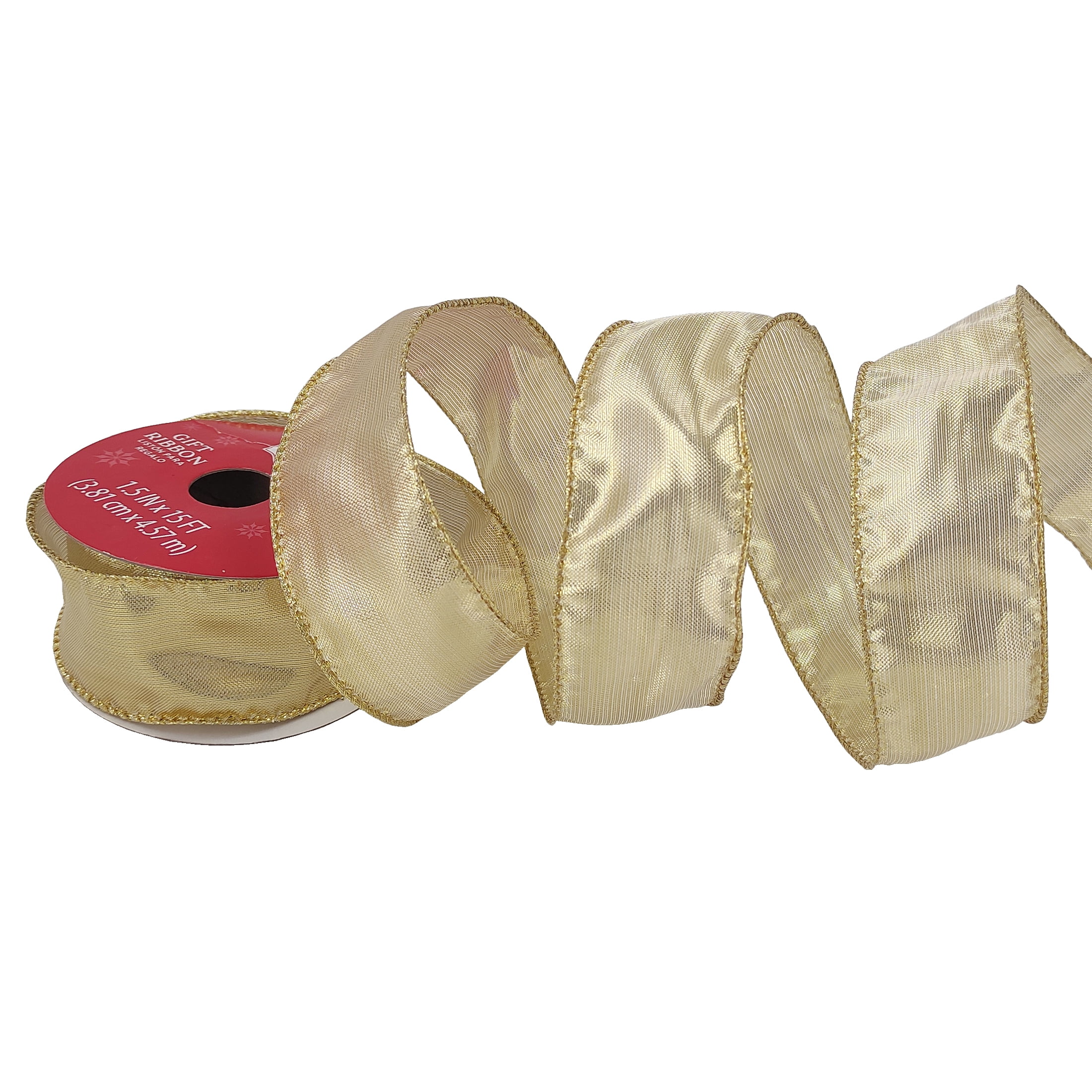 Holiday Time Decorative Gift Wrap Fabric Ribbon, Gold Lame, 1.5"/15'
