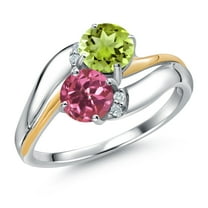 Gem Stone King 925 Sterling Silver and 10K Yellow Gold Pink Tourmaline Green Peridot 2 Stone and Lab Grown Diamond Accent Ring for Women (1.10 Cttw, Gemstone October Birthstone, Size 6)