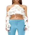 thumbnail image 1 of Women‘s Halter Crop Cami Tops Y2K Sleeveless Open Back 3D Rosette Layered Ruffle Camisole White S, 1 of 8