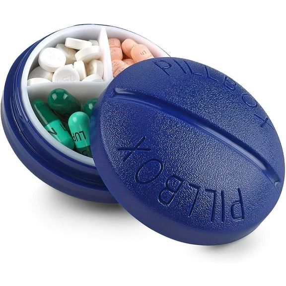 Pill Box Round for Travel - Mini Compact Portable 4 Compartment Pills Case Organizer, Vitamin and Medication Dispenser Holder for up to 4 Times A Day, BPA Free Pill Reminder by MEDca