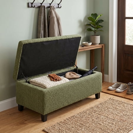 FFZ 39 L Storage Ottoman with Flip-Top Lid Boucle Fabric and Rubber Wood Legs Retro Green