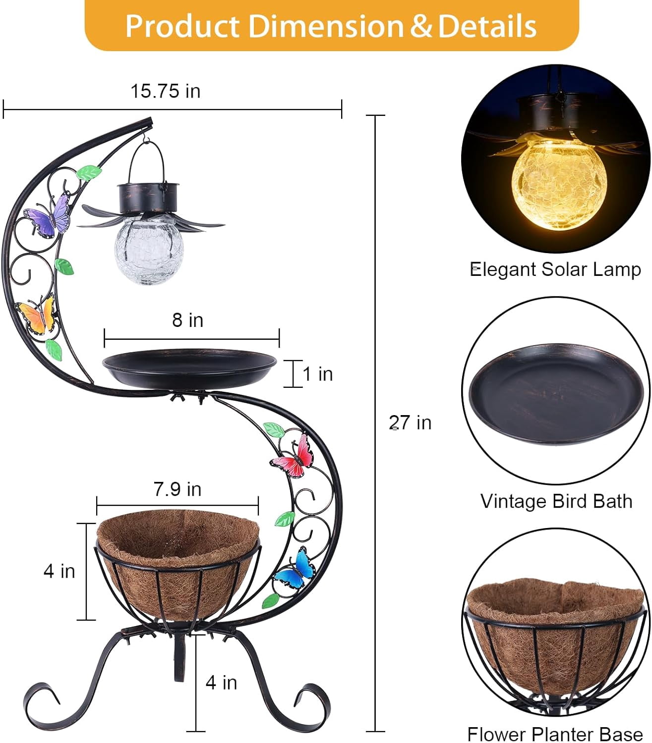 Bird Bath for Outside with Solar Lamp, Metal Birdbaths for Outdoors with Flower Planter Pedestal, Vintage Birdbath for Garden Yard Patio Lawn Decor