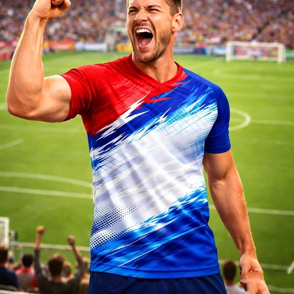 LEKWK USA Soccer Jersey for Men Patriotic V Neck Short Sleeve Fan Supporter Tees Tournament Mesh Top Statue Graphic Tee for Match Day Training Blue M