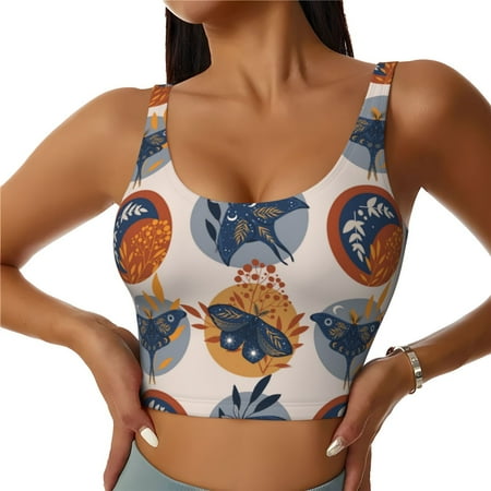 Qokaie Vintage Botanical Butterfly Art Pattern Womens Scoop Neck Sports Bra Breathable Workout Vest Padded U Back Medium Impact Fitness Gym Yoga Bra Workout Crop Top-Small