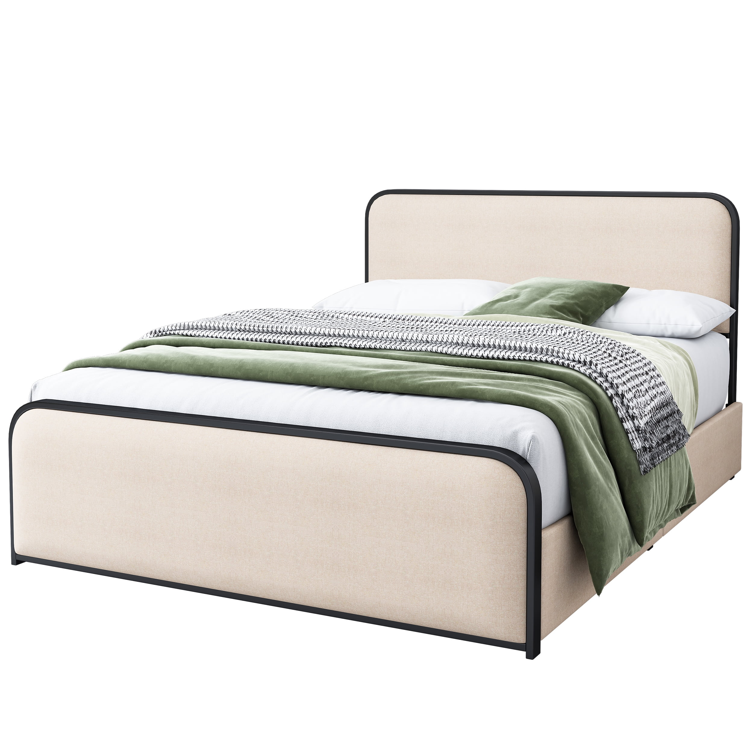 MAYEERTY Queen Metal Bed Frame Curved Upholstered Headboard 4 Drawers for Bedroom Beige