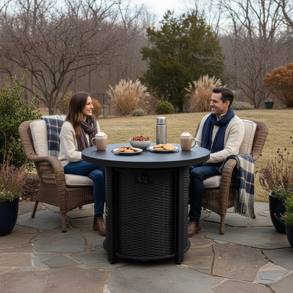 HOYOA 32" Round Gas Fire Pit Table, 50000 BTU Steel Propane Fire Pit with Beautiful Wicker Base, Outdoor Gas Fireplace for Backyard, Garden, Patio