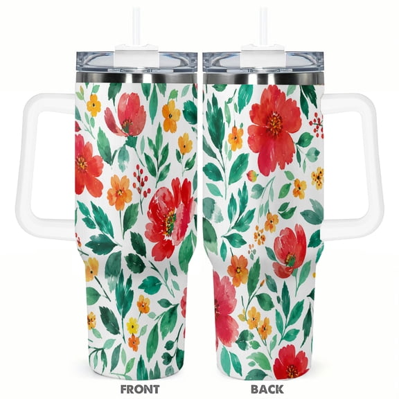 40oz Red Floral Travel Tumbler with Handle and Straw Lid Watercolor Garden Insulated Car Coffee Cup Gift for Women