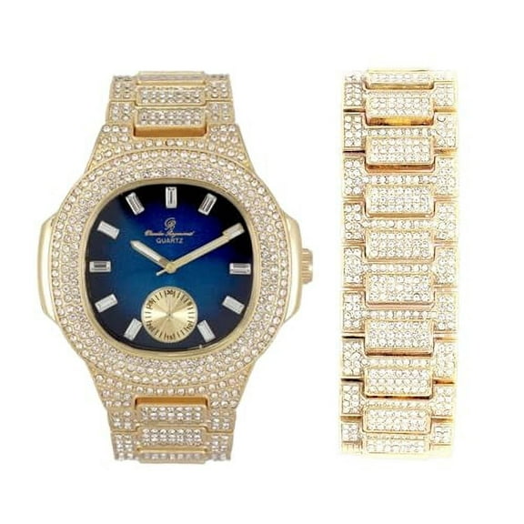 Charles Raymond Blinged Out Oblong Case Metal Mens Watch w/Matching Blinged Out Bracelet Set - ST10235 VO GLD Blue -B