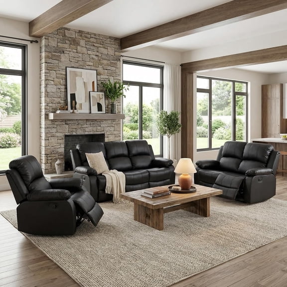 Manual Leather Reclining Sofa with Loveseat Set, 3 Piece Reclining Living Room Set, Leather Living Room Furniture Sets, Black Recliner Couches for Living Room with 5 Recliners