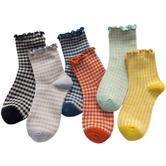 6 Pairs Women Ruffle Socks, Frilly Striped Checkered Cotton Knit Casual Crew Ankle Socks