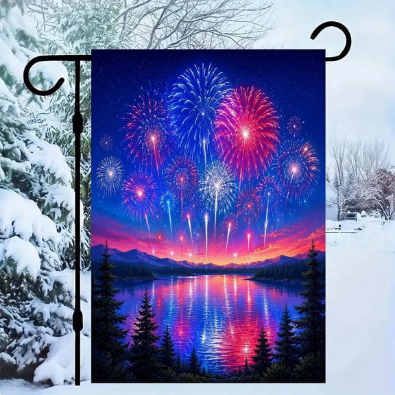RKSupls Patriotic Linen Double Sided Garden Flag, Independence Day Themed Yard Decor, Fireworks Over Lake Mountain Sunset Outdoor Banner for Holiday Lawn