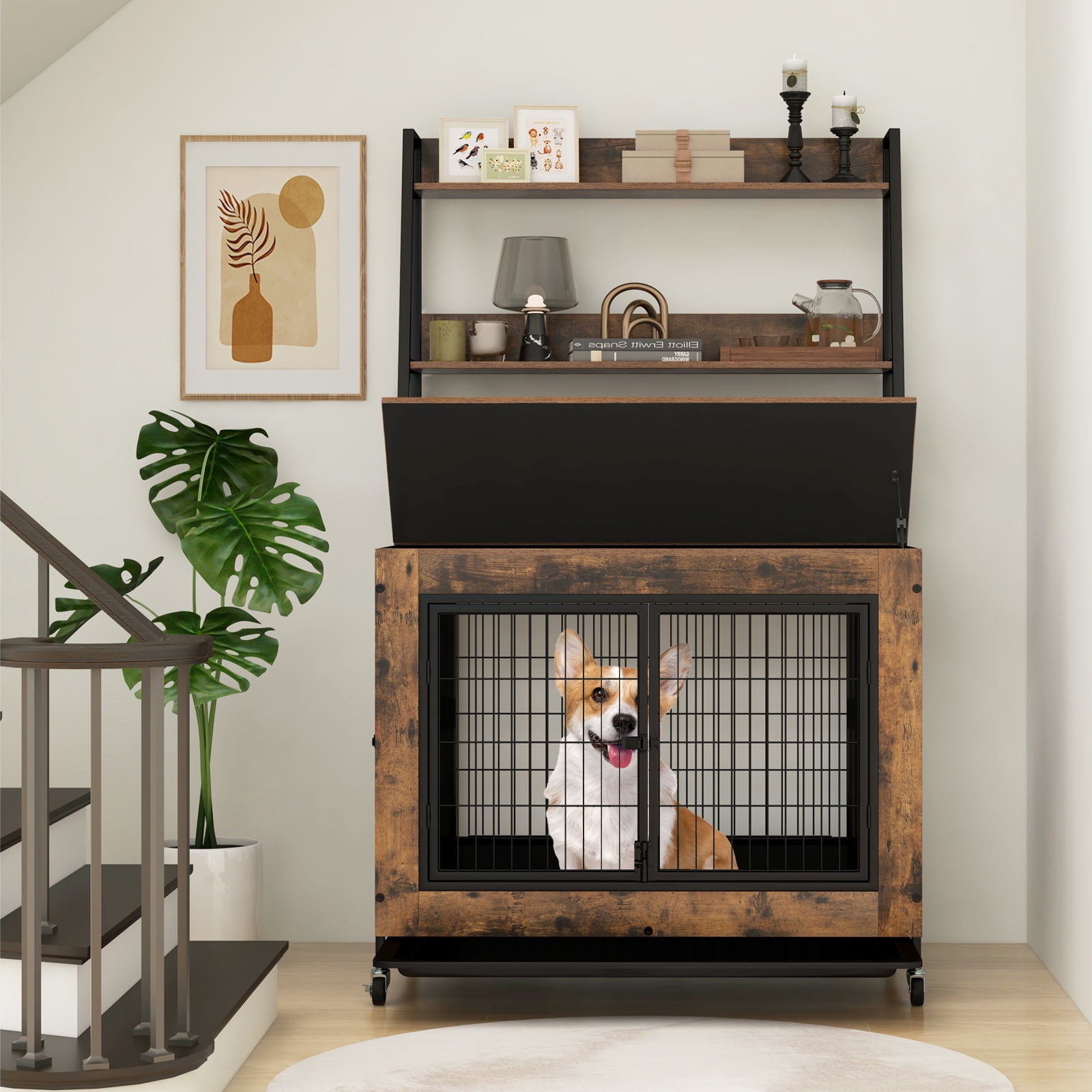 Gymax Dog Crate Furniture w/ Storage Shelves Industrial Dog Kennel w/ Flip-up Top Rustic Brown