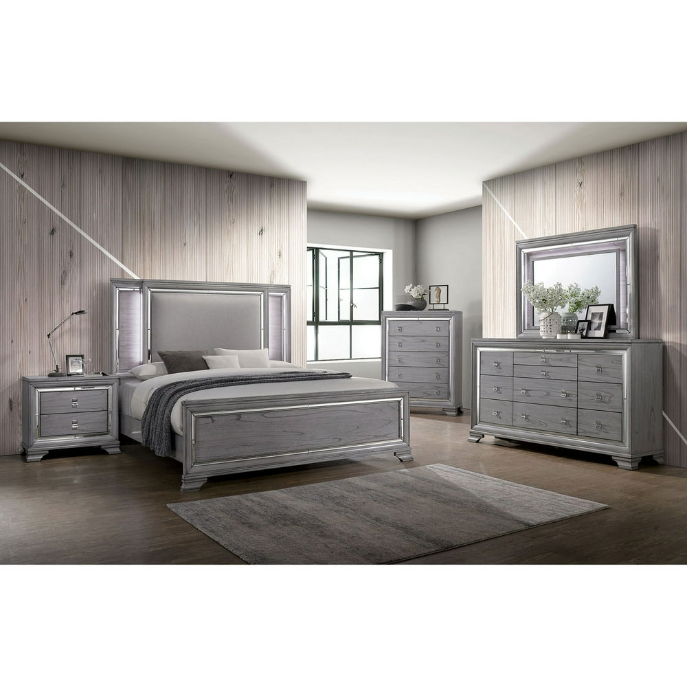 Contemporary Style Gray Color Finish Fabric Bedroom Furniture 4pc Queen