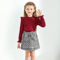 thumbnail image 4 of Toddler Girl 2Pcs Outfits Set Solid Ruffle Long Sleeve Ribbed T-Shirt Knit Tops Plaid Button Skirts Set Spring Fall Winter Clothes Kid 2-7 Years, 4 of 11