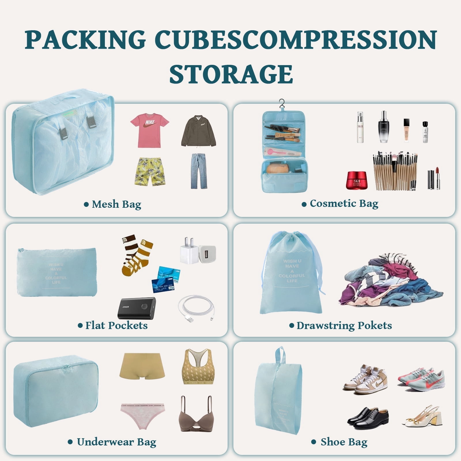 9-Piece Light Blue Travel Packing Cubes Set - Large Capacity, Waterproof & Breathable for Organized Trips